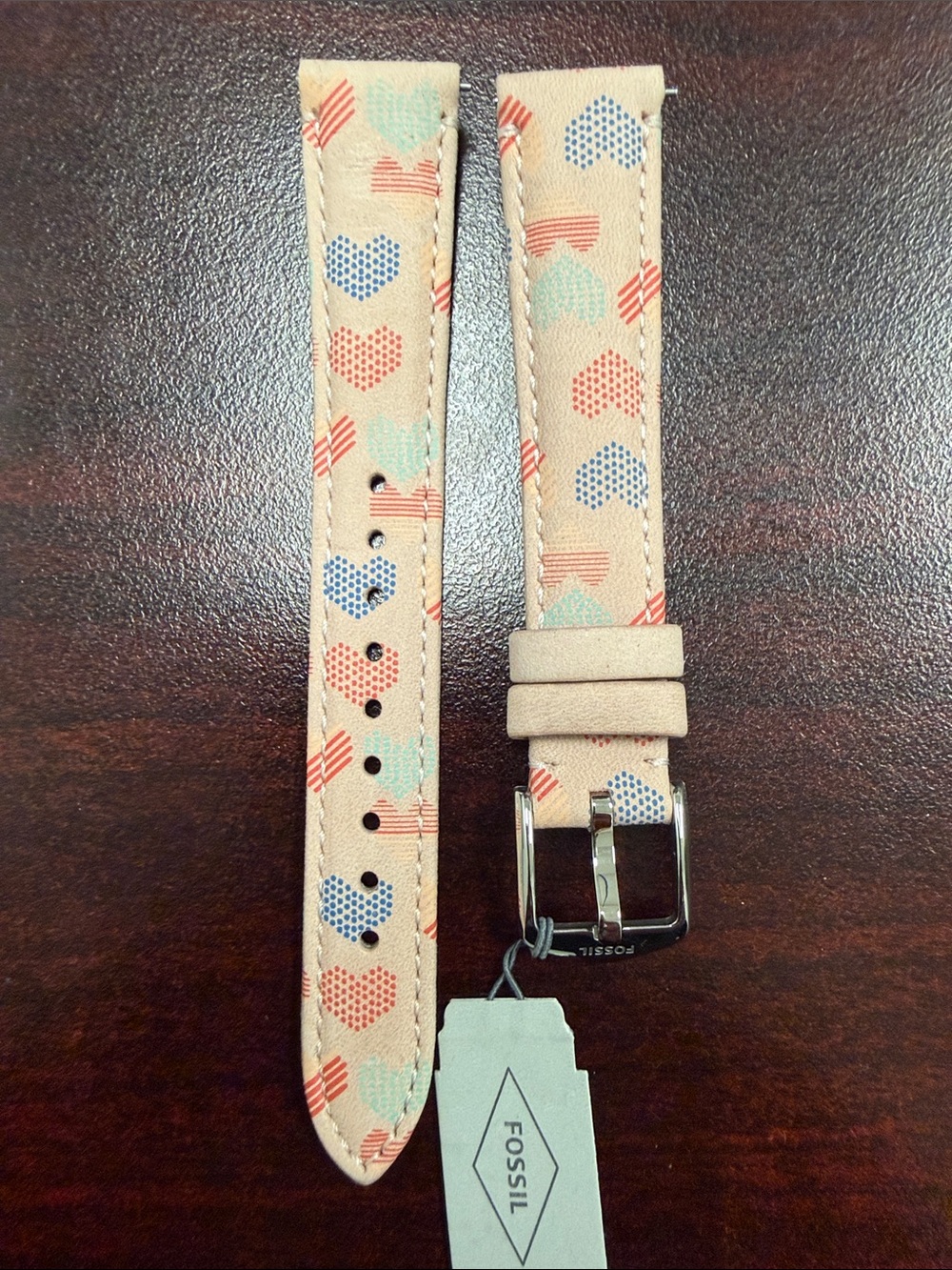 16mm Fossil Beige Watch Strap with Multicolor Heart Pattern